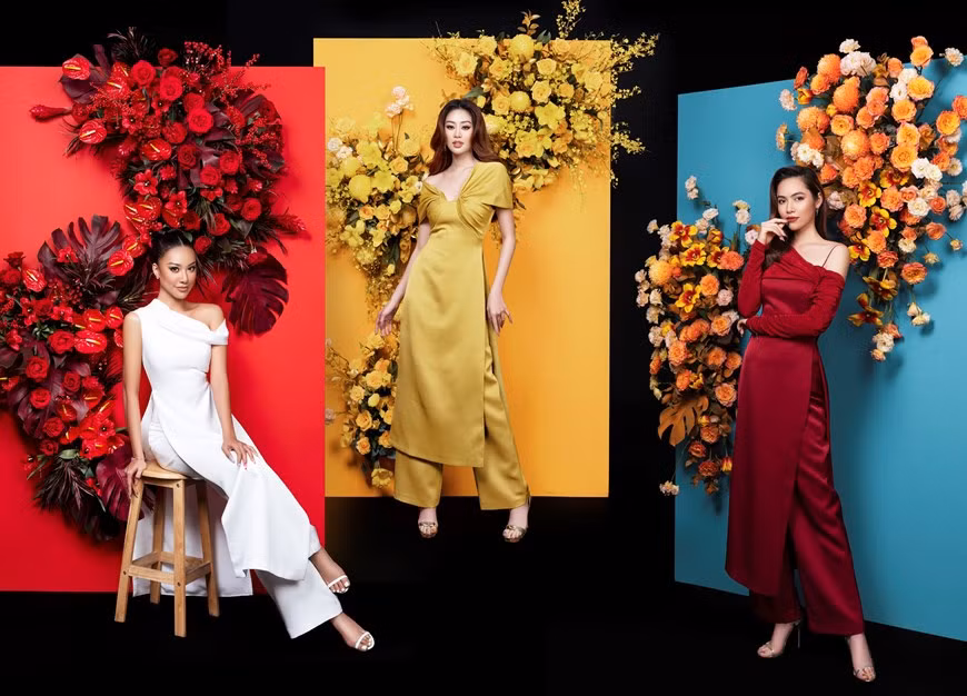 Miss Khanh Van et les dauphines Hoang My et Kim Duyen effectuent une collection de photos pour accueillir le printemps. 