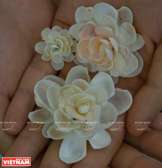  Auparavant, Tran Thi Ngoc Hieu avait déjà fait des peintures en pierres précieuses. Avec son expérience dans les arts, elle a collaboré un mois avec cet ami britannique pour réaliser ses premières œuvres en coquilles d’escargots. 