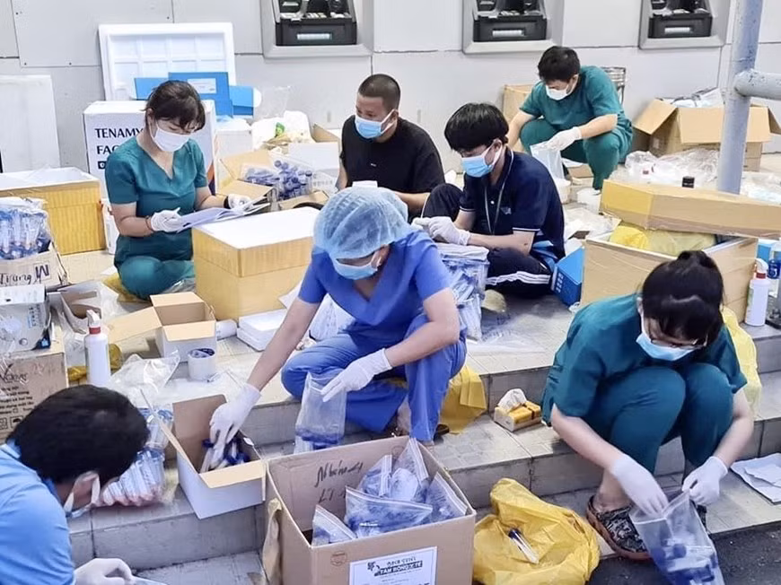 Des étudiants de l'Université de médecine et de pharmacie de l'Université nationale de Ho Chi Minh-Ville classent les échantillons collectés dans la zone franche de Linh Trung 1, dans la ville de Thu Duc. Photo : VNA