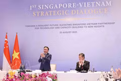 Tran Cam Tu, membre du Bureau politique et permanent du Secrétariat du PCV et le ministre coordinateur des Services publics et ministre de la Défense de Singapour, Chan Chun Sing co-président le premier dialogue stratégique Singapour-Vietnam. Photo: VNA