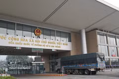Camions dédouanant pour l'exportation au poste frontière international de Kim Thanh, à Lao Cai. Photo : VNA.