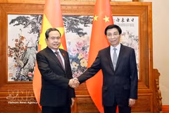 Le président de l’Assemblée nationale du Vietnam, Tran Thanh Man, rencontre Wang Huning, membre du Comité permanent du Bureau politique du Comité central du Parti communiste chinois (PCC) et président du Comité national de la Conférence consultative politique du peuple chinois (CCPPC). Photo: VNA
