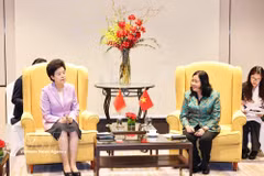 La présidente du Comité central du Front de la Patrie du Vietnam, Bui Thi Minh Hoai (droite), et Xian Hui, vice-présidente du Comité national de la Conférence consultative politique du peuple chinois. Photo: VNA