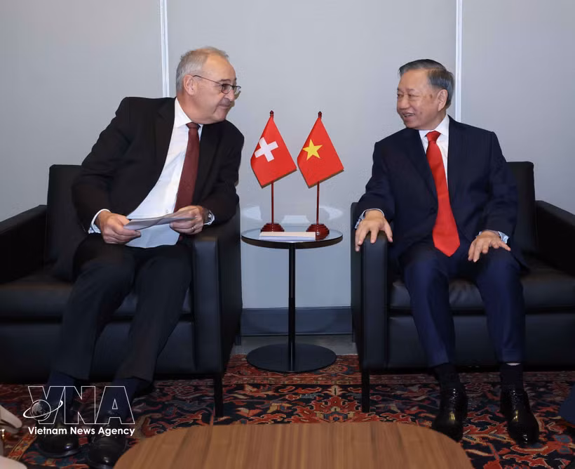 Le secrétaire général du Parti communiste du Vietnam et président vietnamien To Lam (droite) rencontre le président suisse Guy Parmelin. Photo: VNA