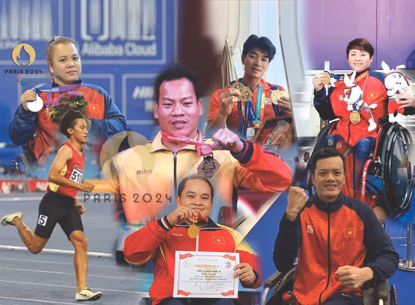 Sept sportifs de la délégation vietnamienne participant aux Jeux paralympiques, du 28 août au 8 septembre à Paris. Photo: VNA