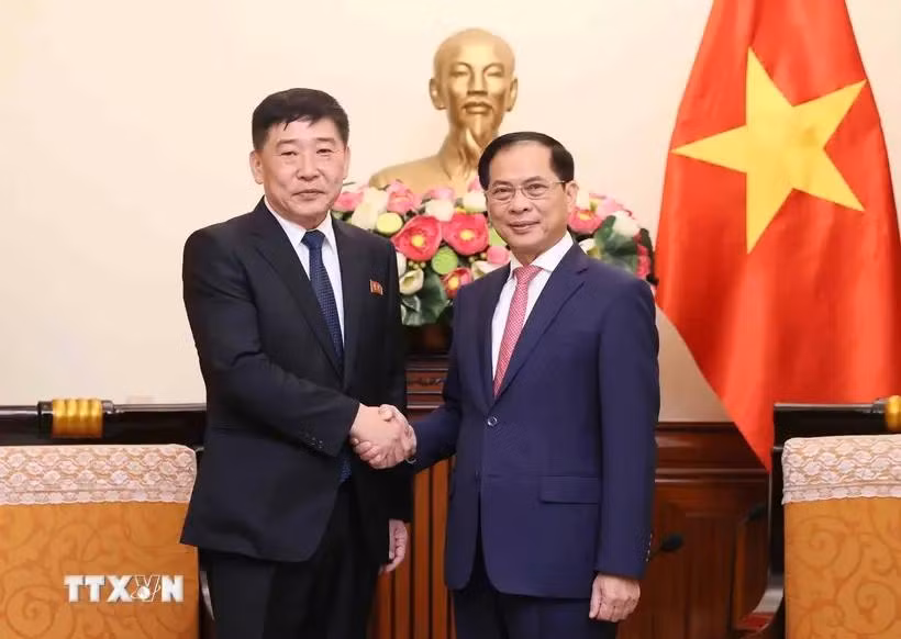 Le vice-Premier ministre et ministre des Affaires étrangères Bui Thanh Son (à droite) serre la main du vice-ministre des Affaires étrangères de la République populaire démocratique de Corée (RPDC) Pak Sang Gil. Photo : VNA