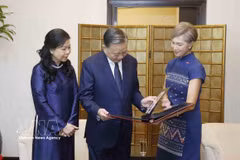 À l’aéroport international de Changi, la ministre singapourienne du Développement numérique et de l’Information, Josephine Teo, remet au secrétaire général du PCV et président vietnamien, To Lam, ainsi qu’à son épouse, un album photo retraçant les temps forts de leur séjour à Singapour. Photo : VNA 