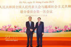 Le 31 août 2025 à Hanoï, le président de l’Assemblée nationale vietnamienne, Tran Thanh Man, et le président du Comité permanent de l'Assemblée populaire nationale (APN) de Chine, Zhao Leji, coprésident la première réunion du Comité de coopération entre les deux organes législatifs. Photo : VNA
